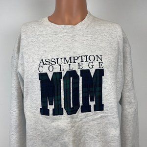 Assumption College Mom Plaid Embroidered Crewneck Sweatshirt Vtg 90s Made USA L